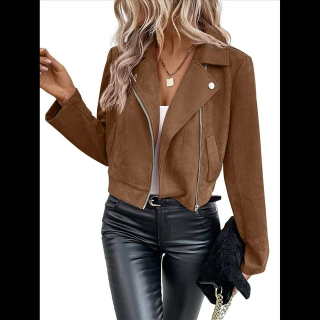 Chaqueta Blazer de Ante y Piel Sintética de Larga con Cremallera Corta para Mujer, Moda de Otoño. Café XL