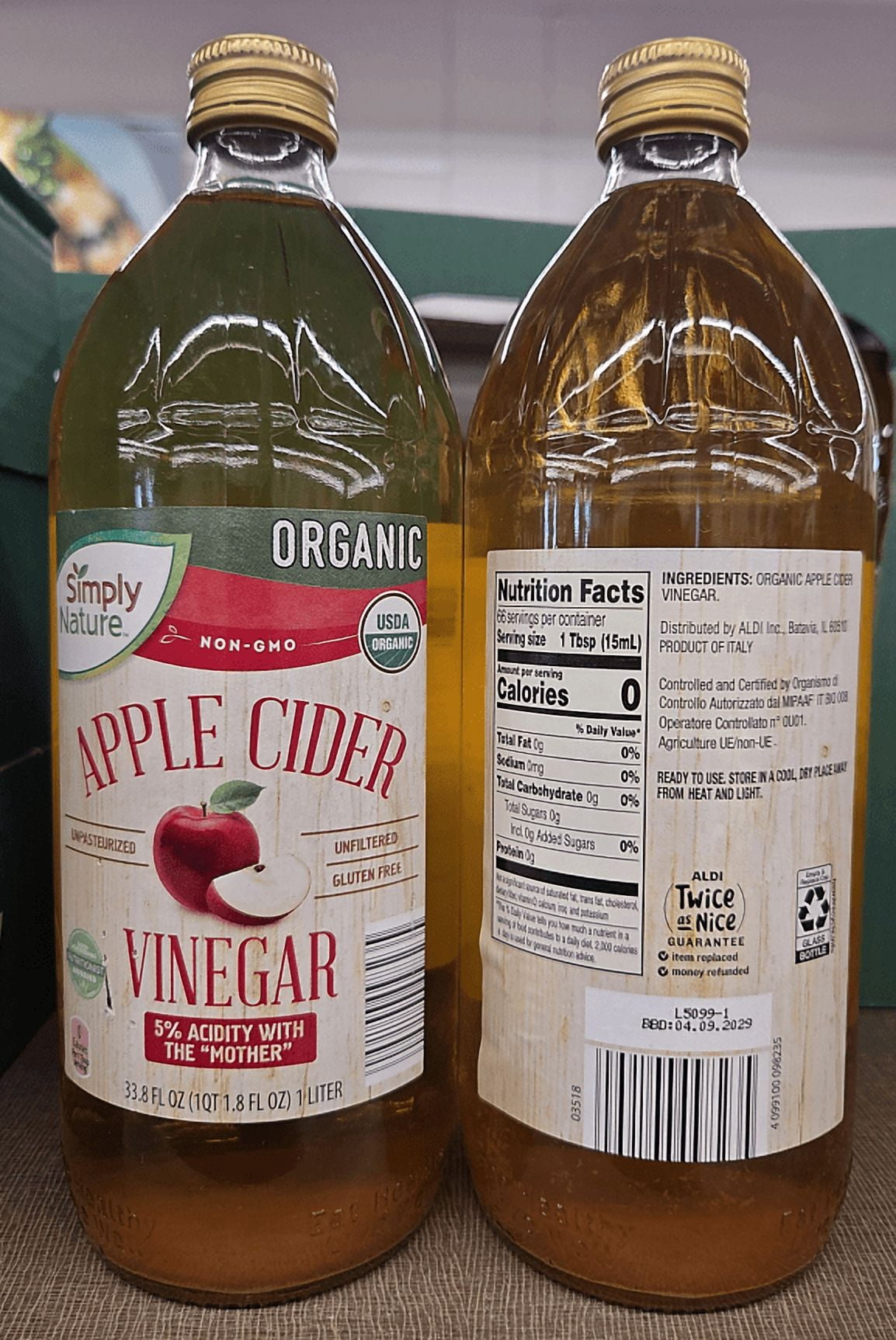 Simply Nature Organic NON-GMO Apple Cider Vinegar 33.8fl oz 1 liter (2 Bottles)