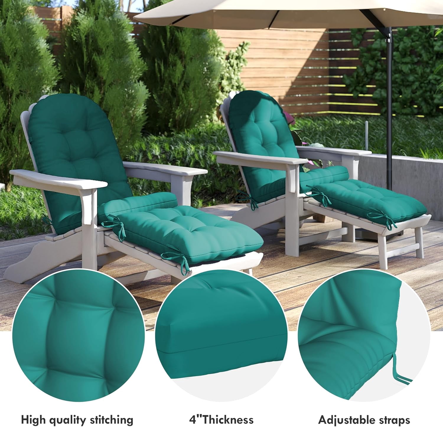 2PCS Outdoor Adirondack Chair Cushions, 44x19x4 inch Waterproof Rocking Chair Cushion with 17x19 Ottoman Cushion, Fade & Stain Resistant, Non-Slip Ties for Patio, Garden, Backyard