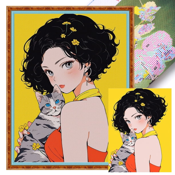 Hilo Algodón Ecológico Bordado Punto Cruz Niña Y Gato 11CT 45x60cm