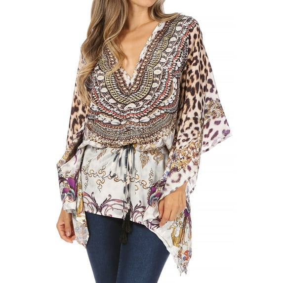 Sakkas Danis Women's Oversized Casual Pullover V-neck Short Sleeve Boho Top Blouse - 452 - One Size