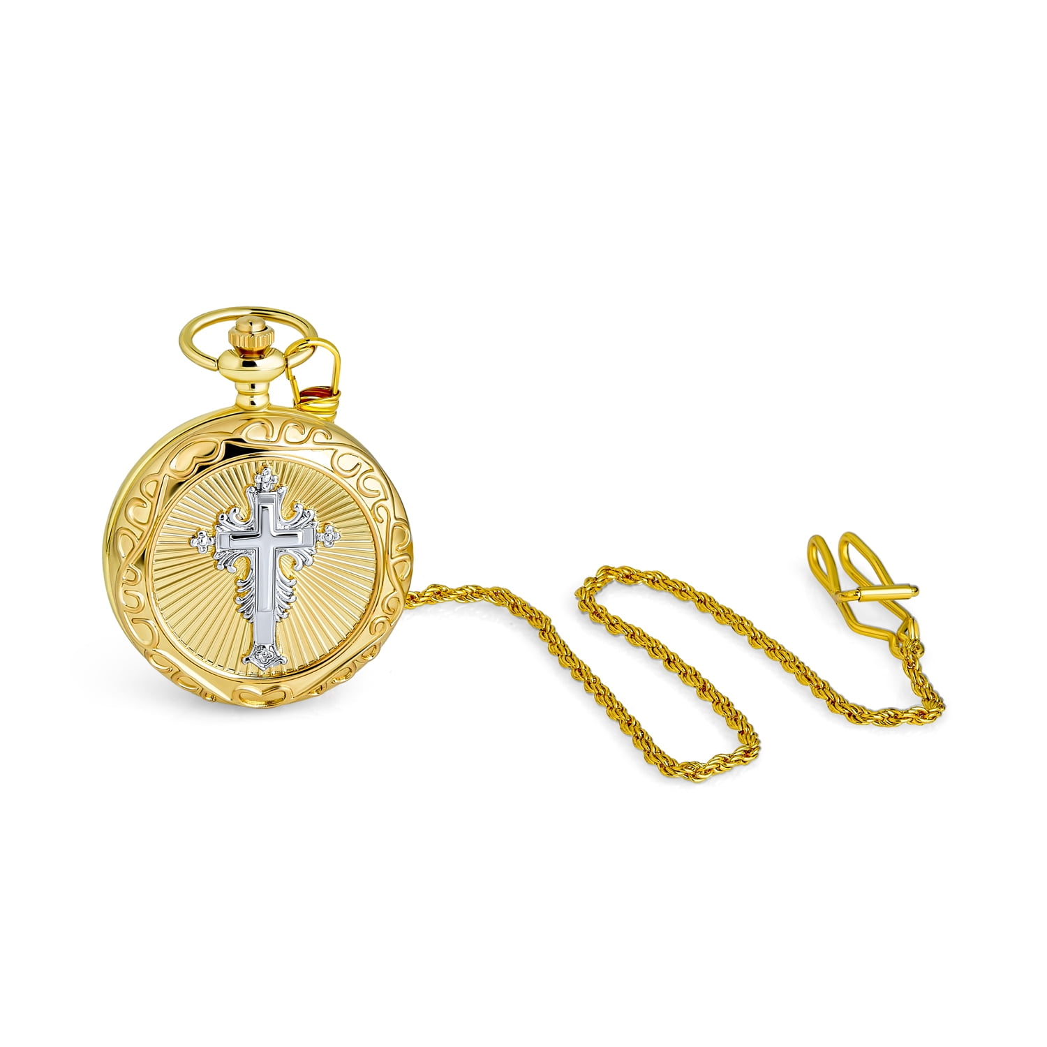 Silver and Gold Plated Shiny Religious Cross Mens Pocket Watch