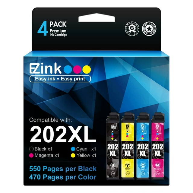 E-Z Ink remanufactured ink cartridges replacement for Epson 202XL T202XL, compatible with Expression Home XP-5100 and WorkForce WF-2860 printers. Package includes four cartridges: black, cyan, magenta, and yellow, with page yields of 550 pages for black and 470 pages for color. Premium ink ensures crisp text and graphics, ideal for printer supplies.
