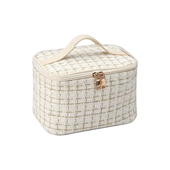 White Plaid Travel Makeup Bag, Portable Toiletries Organizer, Large Capacity Zippered Cosmetic Storage Case with Handle for Bathroom Travel
