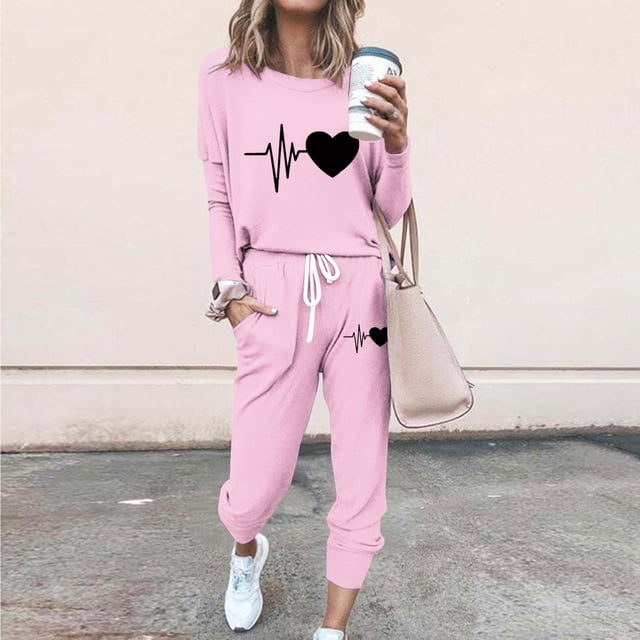 Puntoco Conjunto de pijama cómodo para mujer, con estampado de letras de invierno, cuello redondo, manga larga, pantalones, ropa informal para el hogar