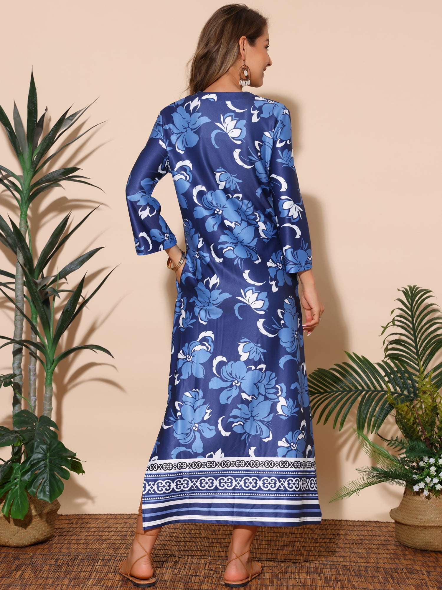 DARING DIVA Boho Long V Neck 3/4 Sleeve Side Slit Floral Maxi Dress L Dark Blue