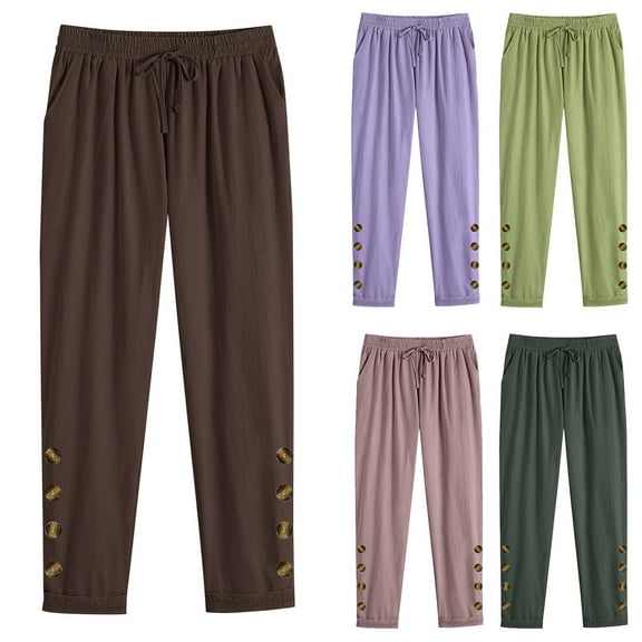 Jinhomg Women's Casual Cotton Linen Pants Lightweight Comfy Elastic Drawstring Waist Lounge Pants Baggy Solid Color Pajamas Pants Daily Wear Sales Today Clearance Women Army Green L