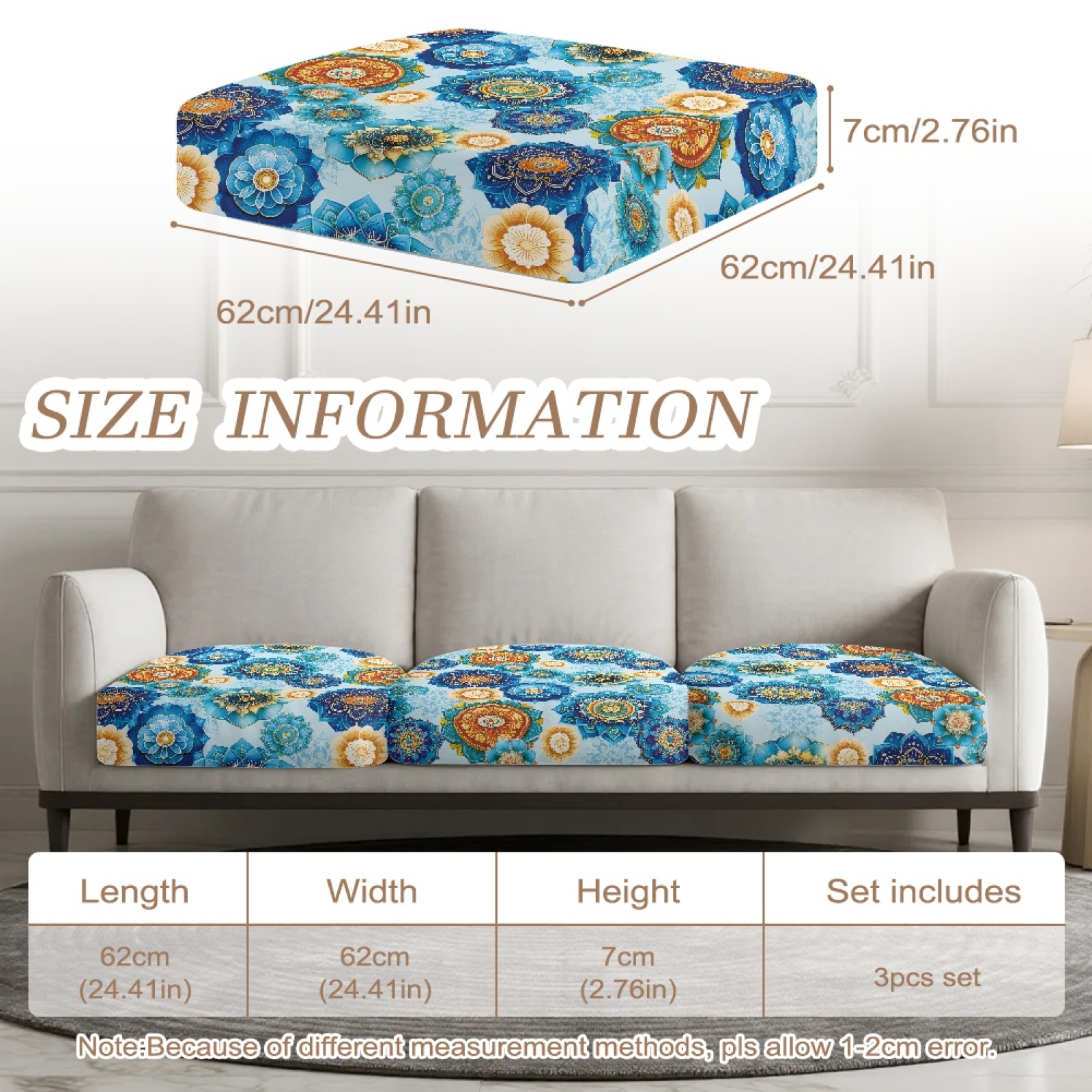 Xoenoiee Boho Mandala Flower Print 3-Piece Couch Cushion Covers, Stretch Sofa Seat Slipcovers with Non-Slip Elastic Bottom, Washable Furniture Protector for Living Room Outdoor Patio