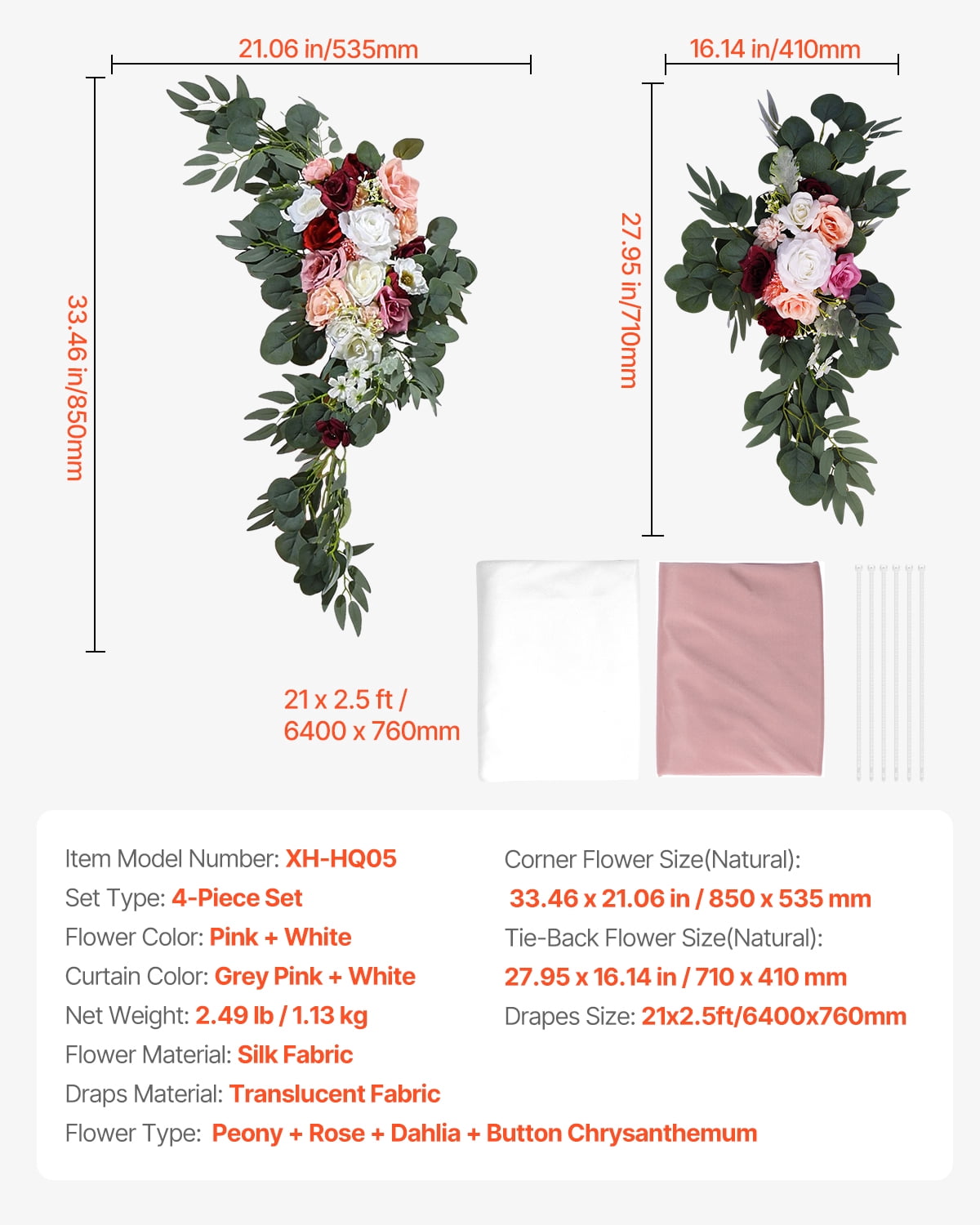 VEVOR Artificial Wedding Arch Flowers Kit, Pink Wedding Arch Flowers with Drapes Kit (Pack of 4) - 2 Pcs Floral Arrangement, 2 Pcs Sheer Drapes, for Ceremony Bouquets Reception Backdrop Decoration