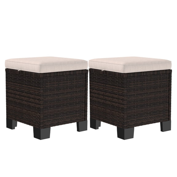 Wicker Outdoor Ottomans 2 Piece Set, Rattan Footrest Side Table for Patio, Cream Cushions