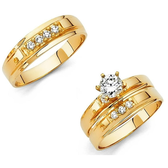 14k Yellow Gold Soltaire 1.10 ct CZ Wedding Band Ring Trio Set His & Hers