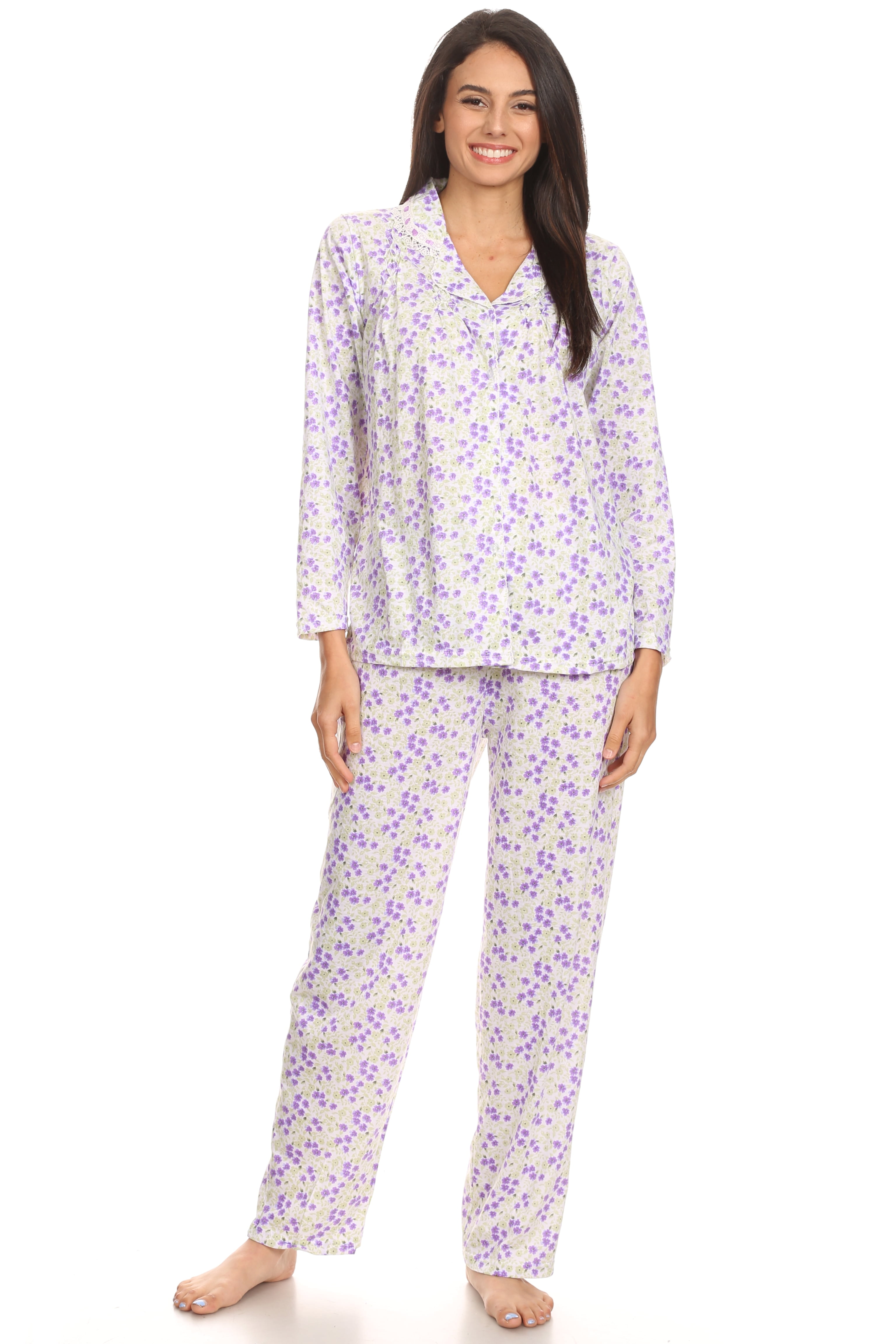 2124 Womens Sleepwear Pajamas Woman Long Sleeve Button Down set Purple ...