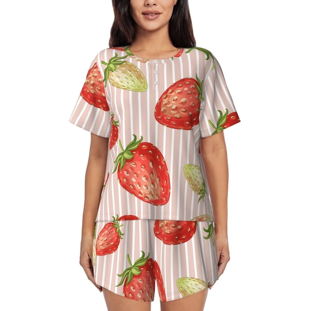 Balery Strawberries Conjunto de Pijama para Mujer con Estampado, Dos Piezas de Manga Corta y Shorts, Ropa de Dormir Suave con Cuello Redondo y Bolsillos-X-Large
