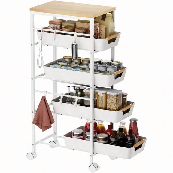 5Tier Slim Storage Cart Wooden Top Rolling Kitchen Cart with PullOut Baskets Wheels Narrow Space Utility Cart Slide Out Organizer for Kitchen Bathroom Laundry Room White