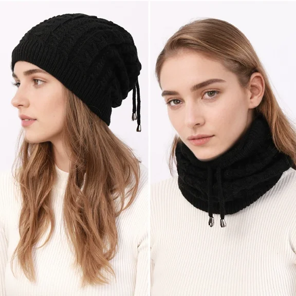 2-in-1 Convertible Beanie & Scarf for Women, Warm Knit Winter Neck Warmer, Adjustable Drawstring Hood, Fashion Cold Weather Accessory,Black