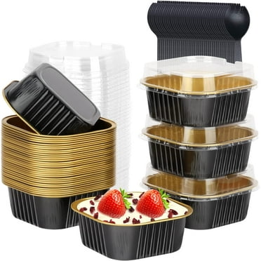 10oz Mini Cake Pans With Lids 40 Pack, Aluminum Foil Square Cupcake Liners Brownie Baking Cups,Disposable 4”x4” Large Cupcake Pan,Jumbo Muffin Tin Ramekins Holders-Black In Gold