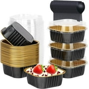 10oz Mini Cake Pans With Lids 40 Pack, Aluminum Foil Square Cupcake Liners Brownie Baking Cups,Disposable 4”x4” Large Cupcake Pan,Jumbo Muffin Tin Ramekins Holders-Black In Gold