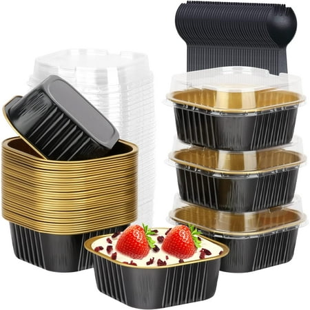 10oz Mini Cake Pans With Lids 40 Pack, Aluminum Foil Square Cupcake Liners Brownie Baking Cups,Disposable 4”x4” Large Cupcake Pan,Jumbo Muffin Tin Ramekins Holders-Black In Gold