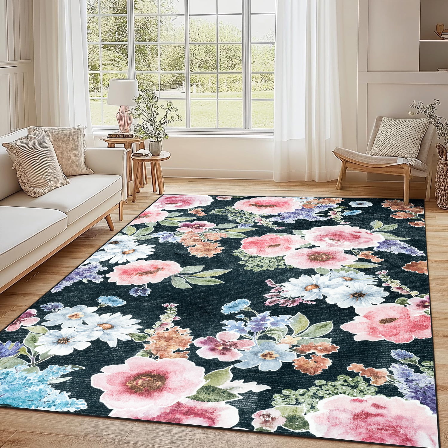 Wondo 5x8 Washable Floral Rug, Bright Floral Pattern Bohemian Rug for Bedroom, Low Pile Non-Slip Decorative Rug for Living Room, Kids Room, Office, Dining Room, Black