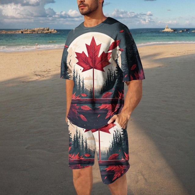 Weiqiqre Ensemble de T-Shirts à Manches Courtes pour Hommes avec Drapeau du Canada, T-Shirt Classique Imprimé, Col Rond et Shorts