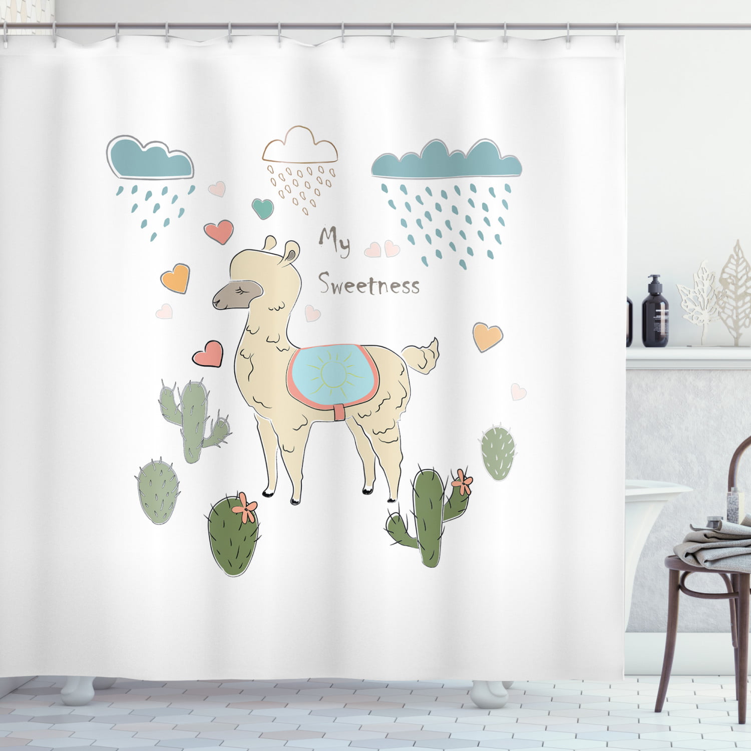 Waterproof Fabric Cute Llama Print Shower Curtain Hooks Bathroom Mat Home Decor 