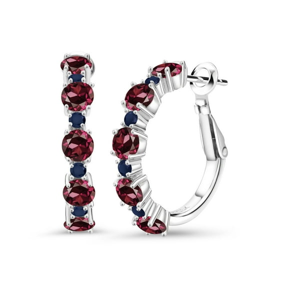 Gem Stone King 925 Sterling Silver Red Rhodolite Garnet and Blue Sapphire Hoop Earrings for Women (4.05 Cttw, Round 4MM and 1.9MM, Gemstone Birthstone 1 inch Diameter)
