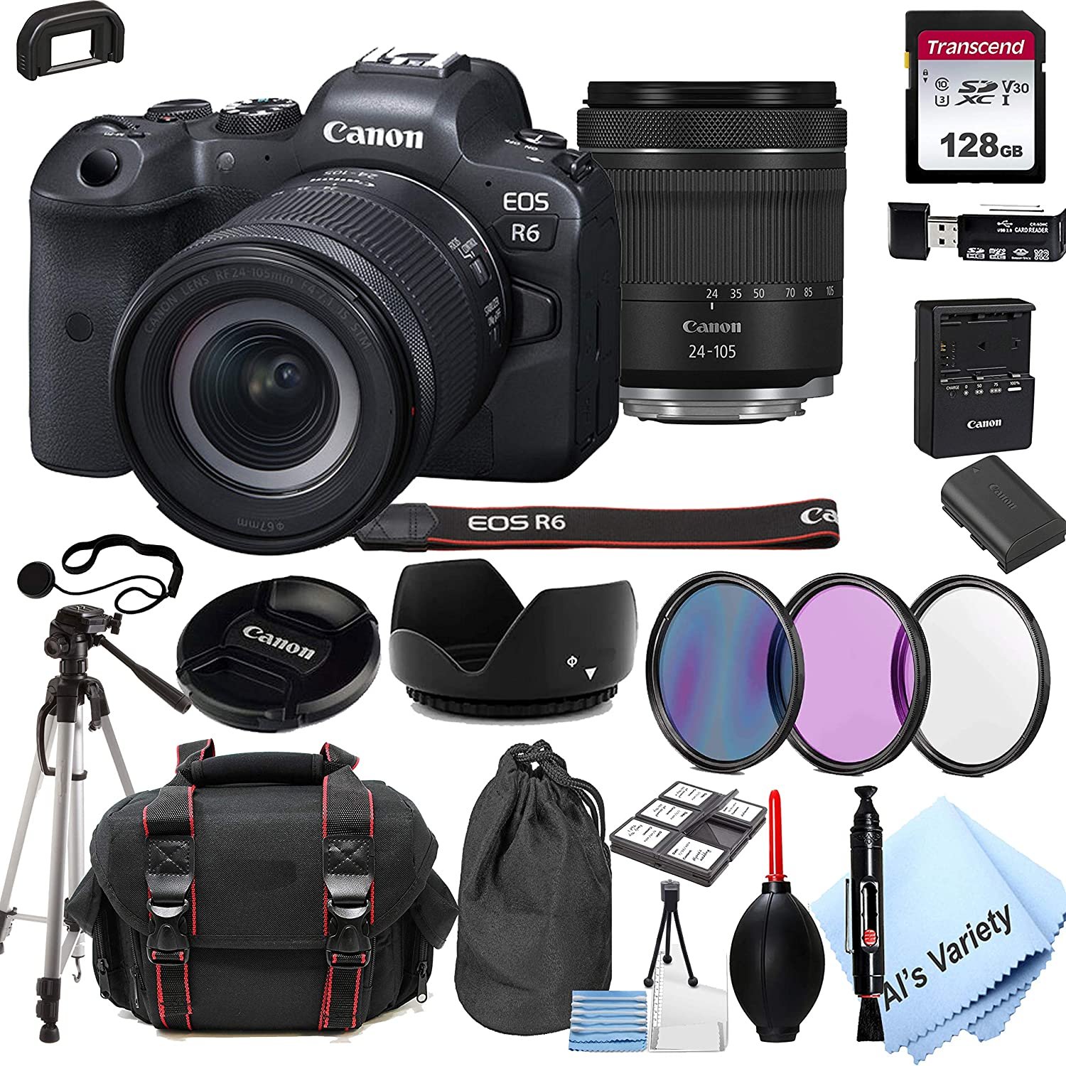 Canon EOS R6 Mirrorless Digital Camera with 24-105mm f/4-7.1 Lens Bundle + 128GB Memory + Case + Filters + Tripod 24pc Bundle - image 1 of 8