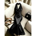 thumbnail image 3 of Women's Halter Cowl Neck Satin Maxi Dress, Solid Black Ruched Elegant Formal Party Dress, 3 of 6