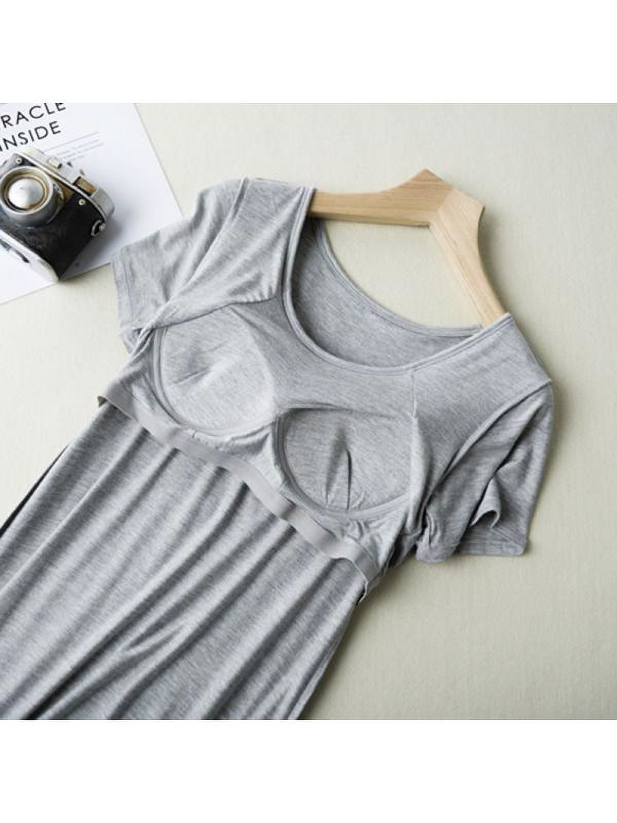 Women Short Sleeve Built-in Bra Padded Long Nightdress Sleepwear