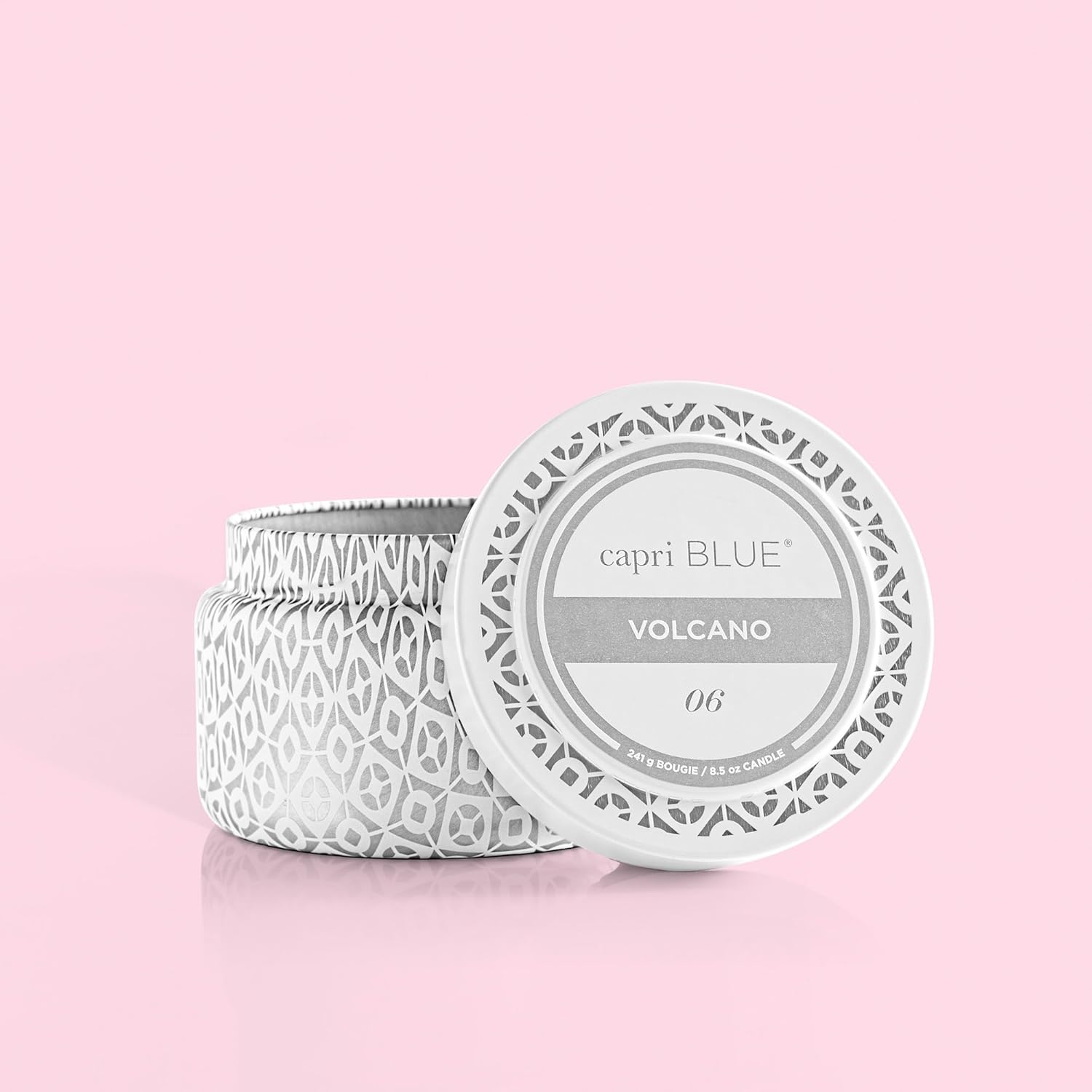 Volcano Printed Travel Tin Jar Candle - Luxury Candle with a Long Lasting Soy Wax Blend - Scented with Tropical & Fruity Fragrance (White Color, 8.5 oz)