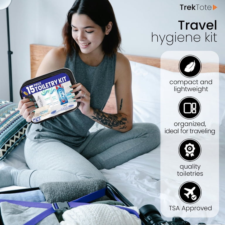 TrekTote 15-Piece TSA Approved Travel Hygiene Bag, Portable