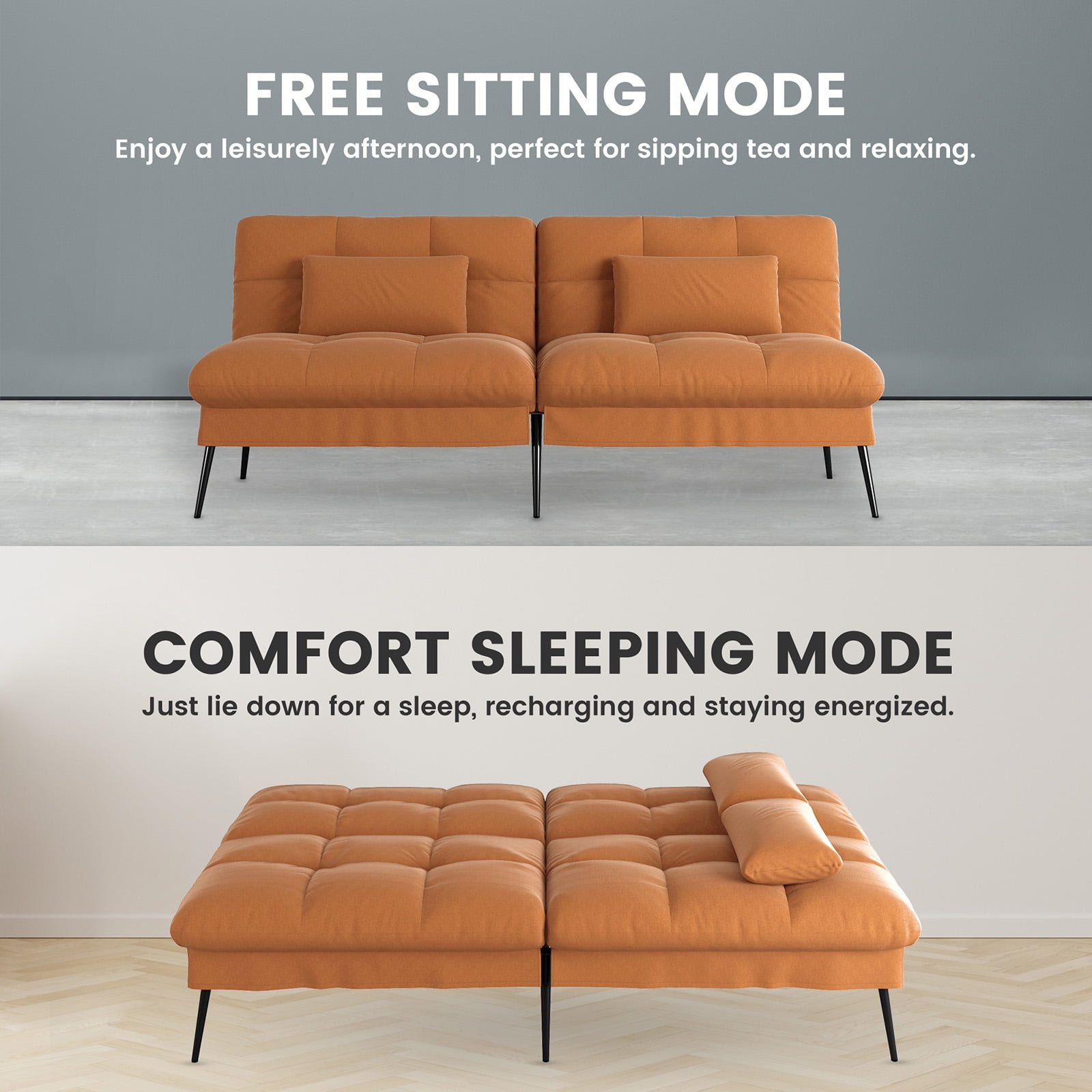 COMHOMA Convertible Futon Sofa Bed Upholstered Futon Couch Fabric Sleeper Sofa, Cinnamon Brown