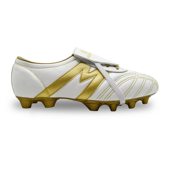 Manriquez Botines de fútbol piel tachones suela TPU césped natural blanco oro