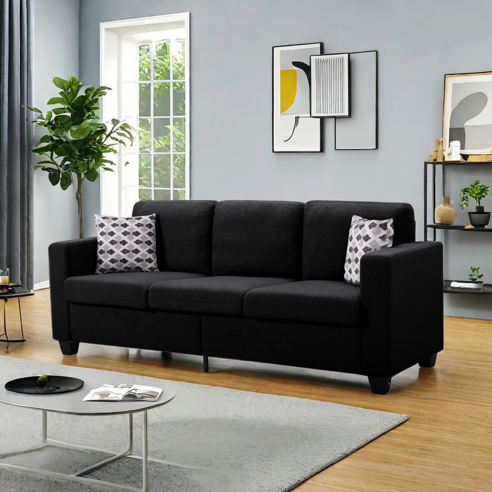 BSHTI 86.6" Teddy Fabric Sofa with 2 Pillows, Extra-Wide Deep Seat, Solid Wood Iron Frame, Removable Covers for Living Room(Black)