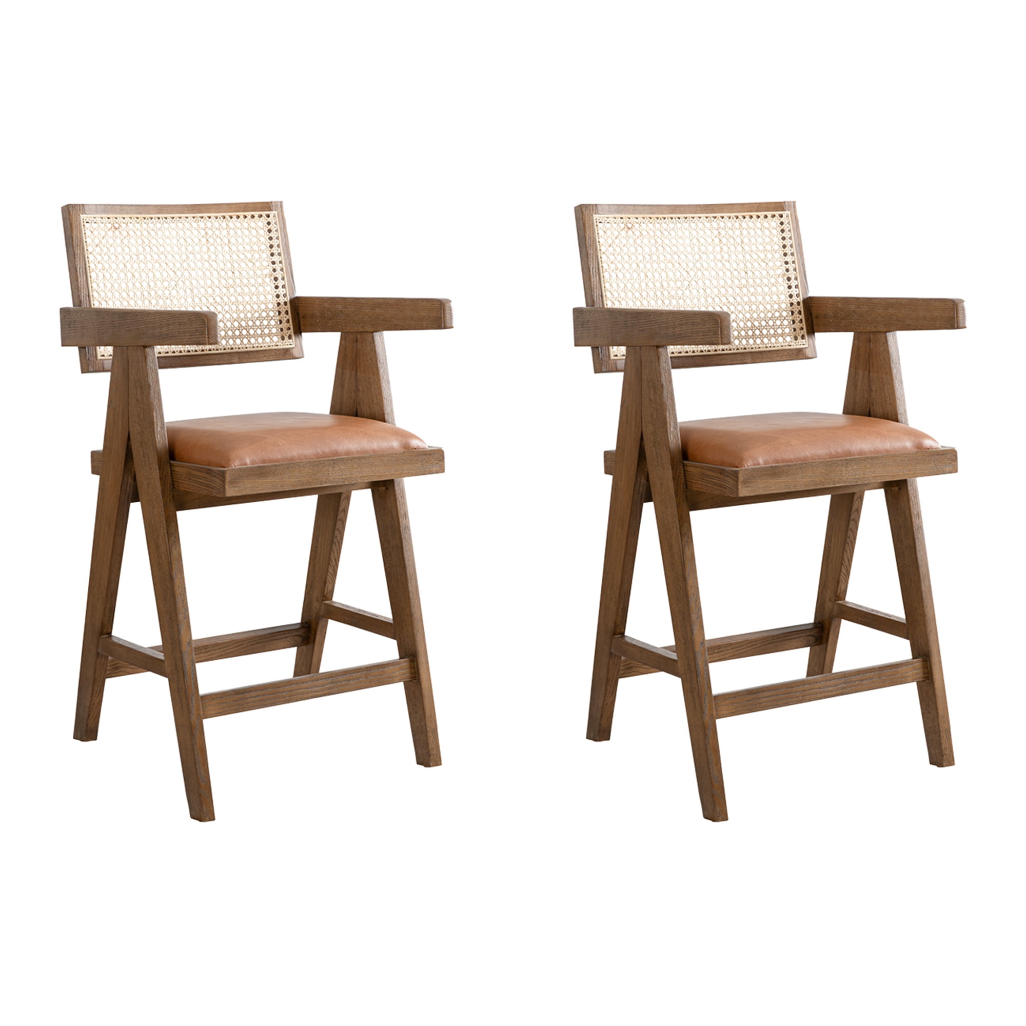 Harley Nutmeg Brown Solid Wood and Rattan Upholstered 26" Counter Height Barstool with Red/Brown Faux Leather Seat - Set of 2
