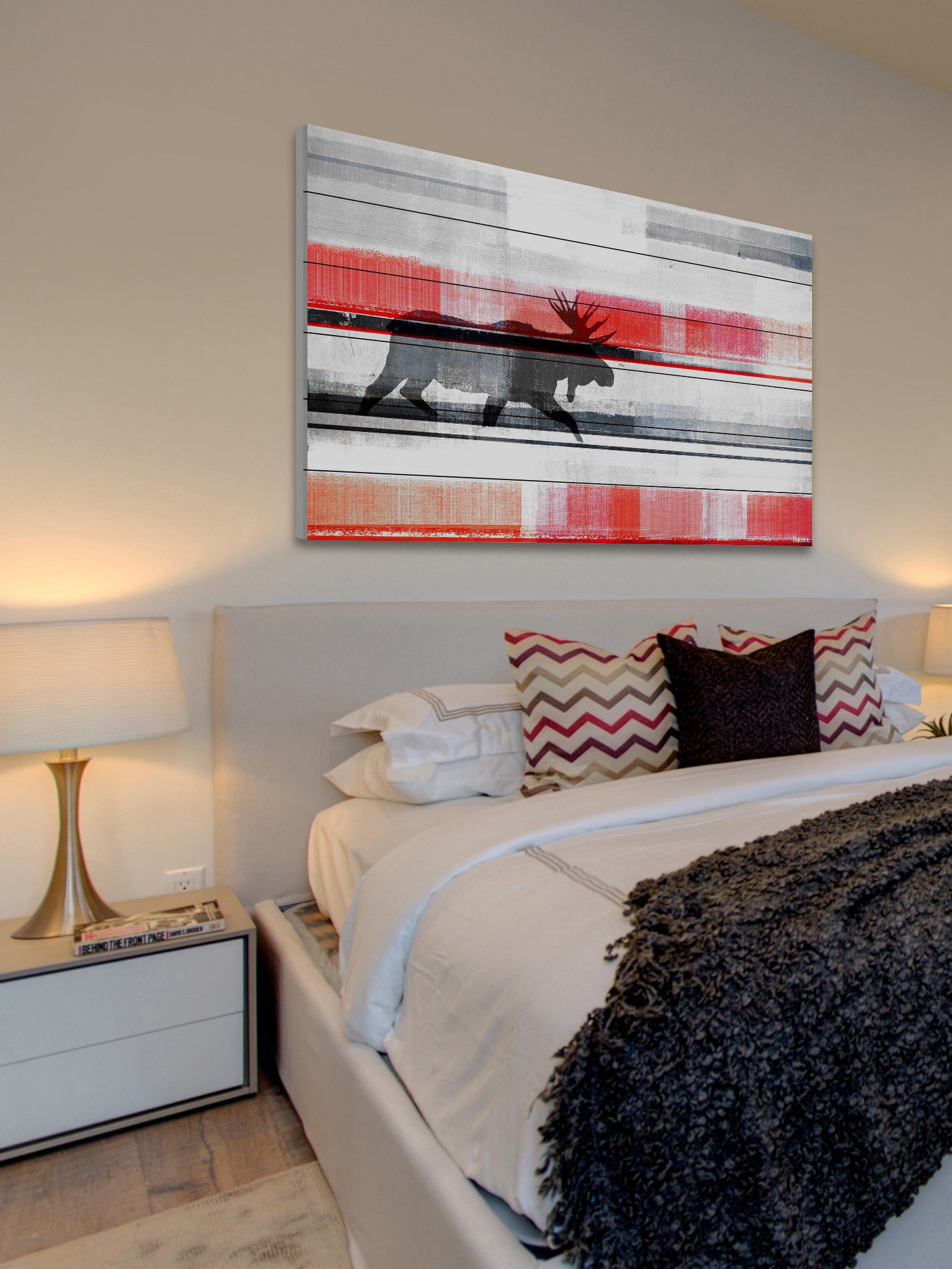 Parvez Taj Lone Moose White Wood Wall Art, 20" x 30"