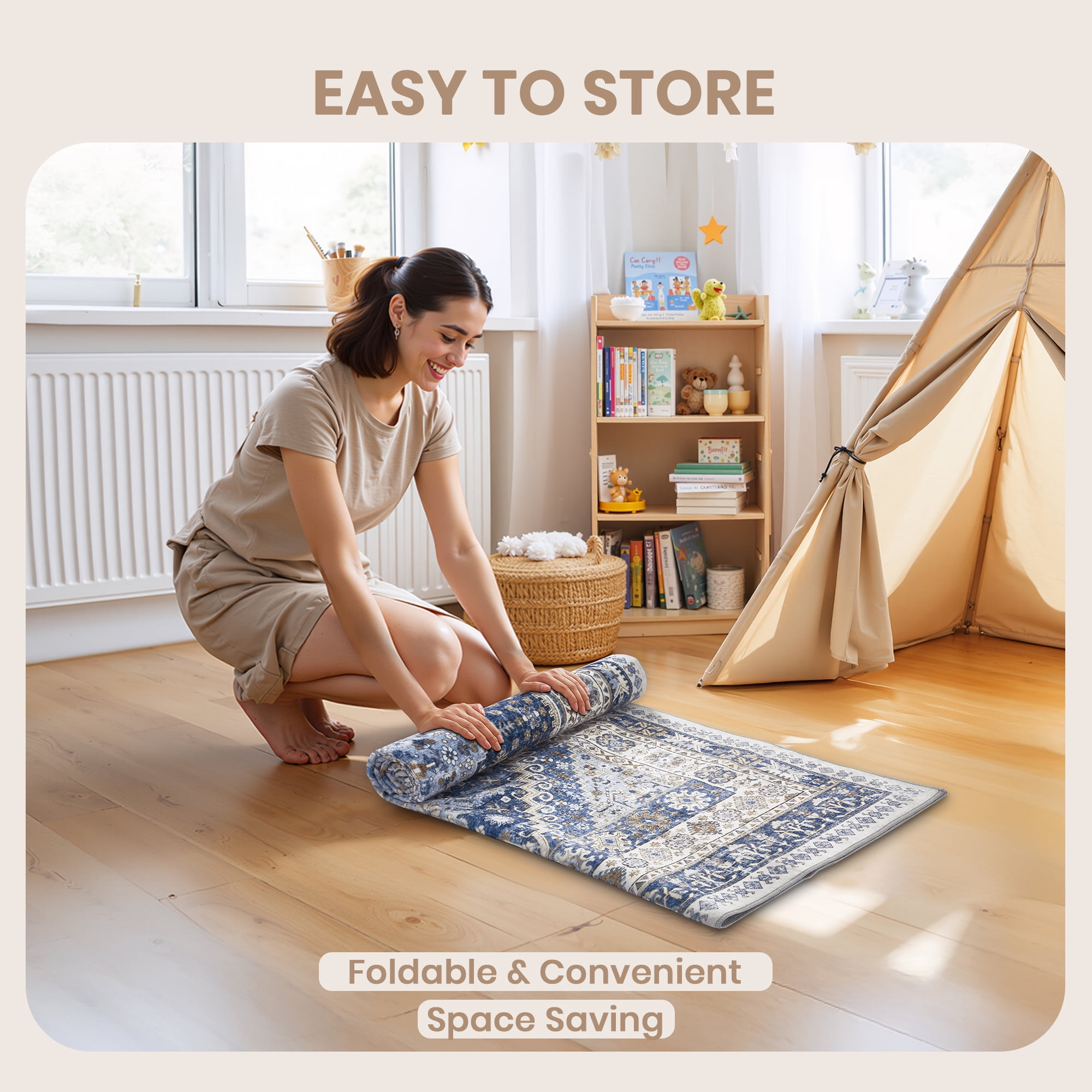 Roxstand 8x10 Area Rugs for Living Room, Vintage Large Area Rug, Non-Slip Backing Washable Rug, Stain Resistant Home Decor Rug (8'x10', Blue)