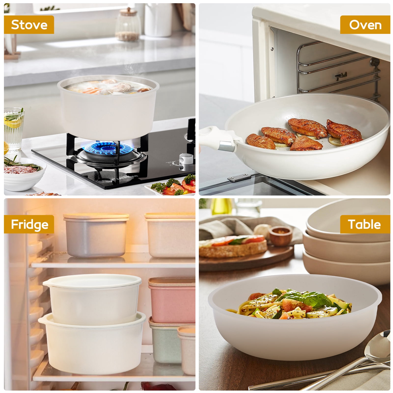 20 Piece Ceramic Pots and Pans Set Non Stick, Cookware Set with Detachable Handles, Oven Safe, Induction Ready, Stackable RV Kitchen Cooking Set, Cream White
