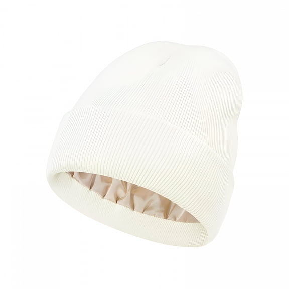 TELOLY Women Satin Lined Knit Beanie Hat Winter Hats for Women Men Silk Lining Soft Slouchy Warm Cuffed Beanie Hat (White)