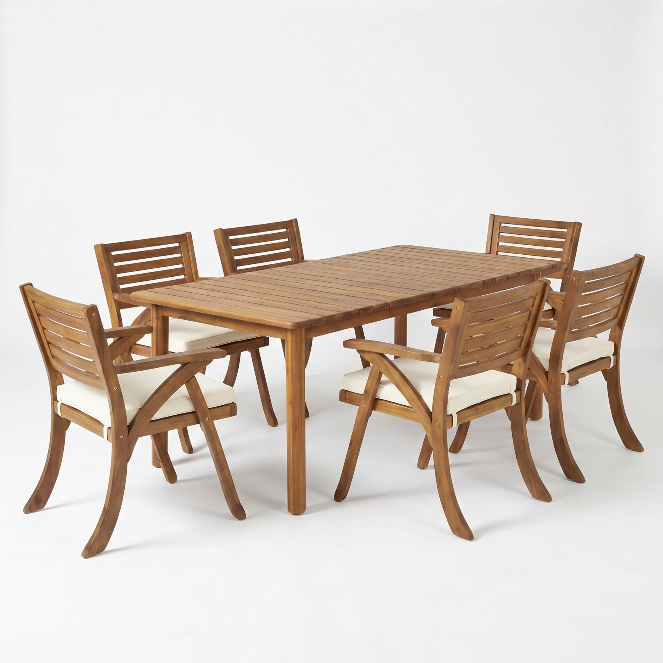 Christopher Knight Home 7-Piece Extendable Wood Outdoor Dining Table with Cushioned Chairs, Teak+Cream