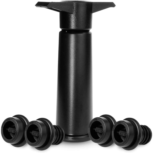 Bomba de vacío Wine Saver con tapones de vacío para botellas - Conservador que mantiene el vino fresco - Sellador de vino reutilizable - Tapón de botella conservador - Negro 4 tapones