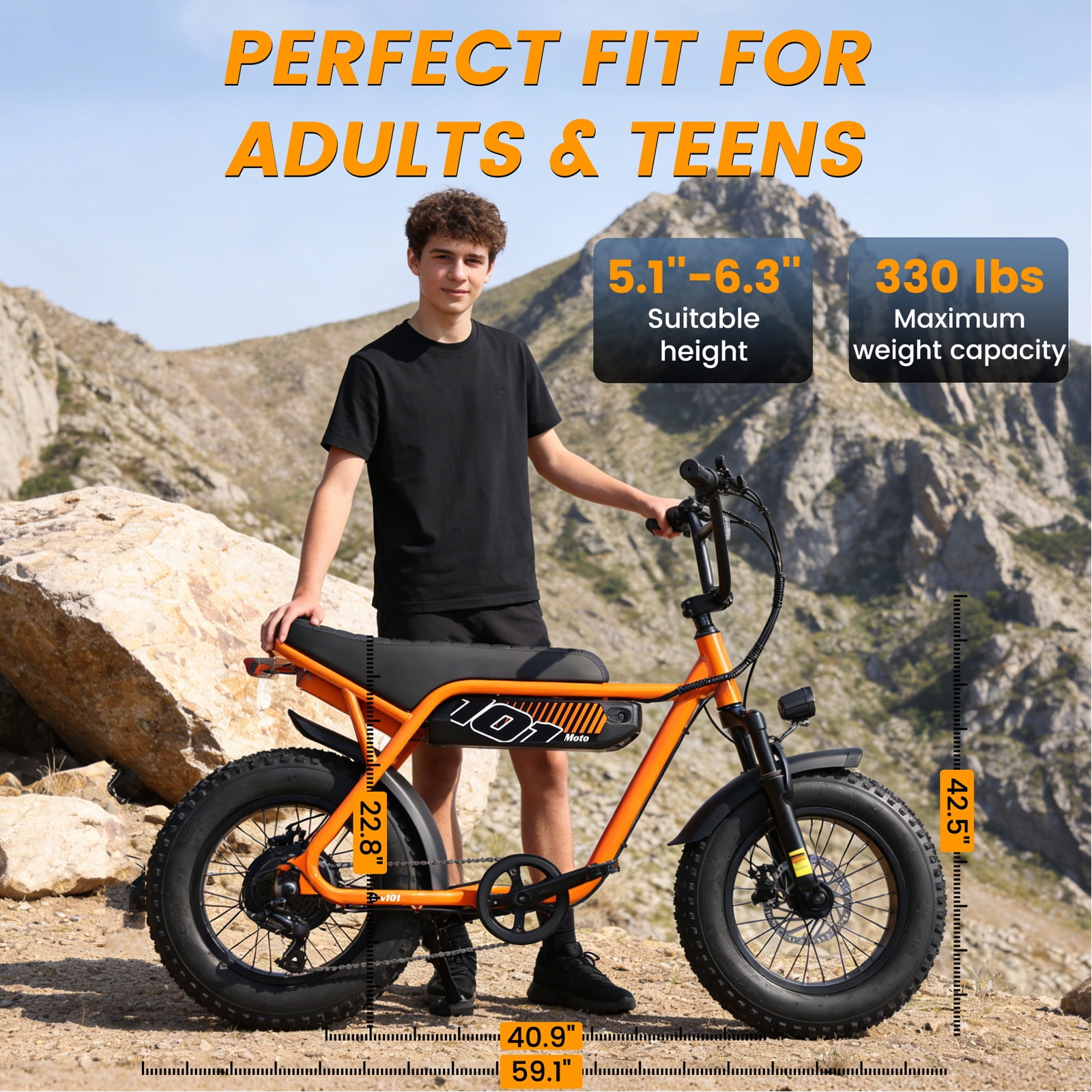 Adult & Teen Electric Bike – 750W Peak (1500W Max) Motor, 28 MPH, 48V 13Ah Battery, 16"x4.0" Fat Tires, 7-Speed, Front Suspension All-Terrain E-Bike, Orange with Phone Bag & Lock