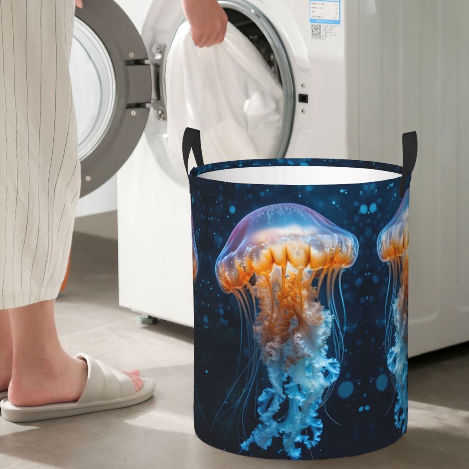 Large Laundry Basket with Handles - Glow Deep Sea Jellyfish Kids Baby Dirty Clothes Laundry Hamper for Bedroom Aesthetic