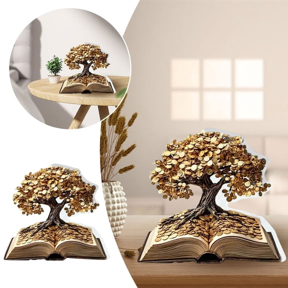 Olilia Creative Money Tree Ornament, 2d Acrylic Golden Fortune Tree, Desktop Statue, Suitable for Bookshelves, Windowsills, Tables, And Home Decor.