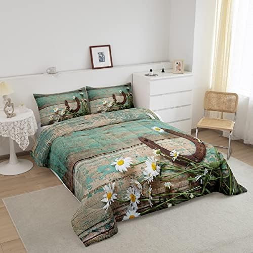 Rustic Farmhouse Bedding Set Teal Country Wooden Barn Door Down Comforter Full Western Horseshoe Daisy Decor Comforter Set for Kids Boys Girls Teen Cowboys Cowgirls Quilt Duvet Sets 2 Pil Walmart