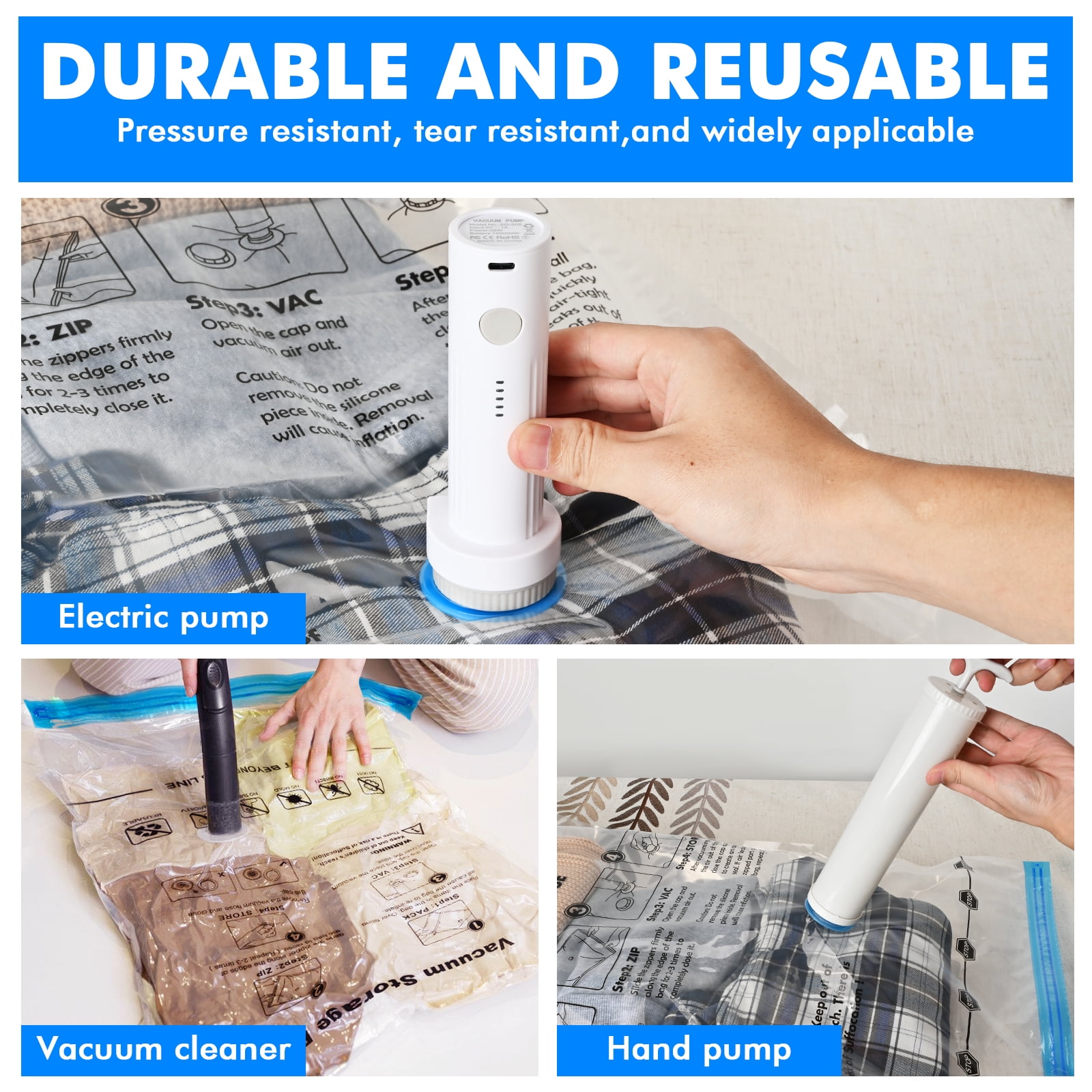 6 Large Travel Vacuum Bags with Hand Pump, Airtight Vacuum Seal Bags for Clothing Travel, Compression Bags for Luggage and Suitcase,Vacuum Travel Bags for Comforters, Blanket