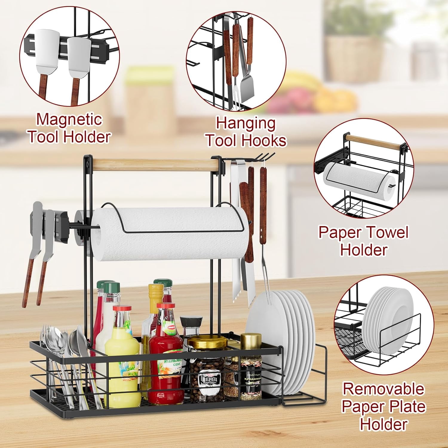 NEYCIL Grill Caddy with Magnetic Tool & Paper Towel Holders, Barbecue Grill Tool Organizer for Outdoor Camping, Cooking, Camper