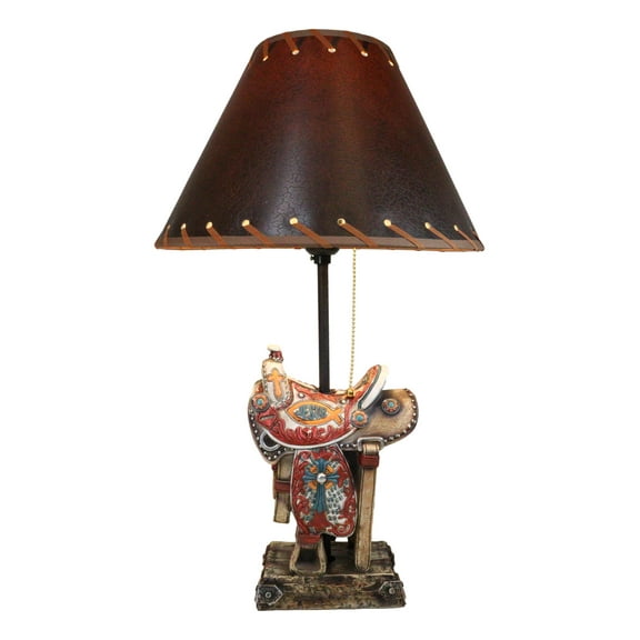 Rustic Western Cowboy Horse Saddle with Ichthys Jesus Fish Symbol Table Lamp