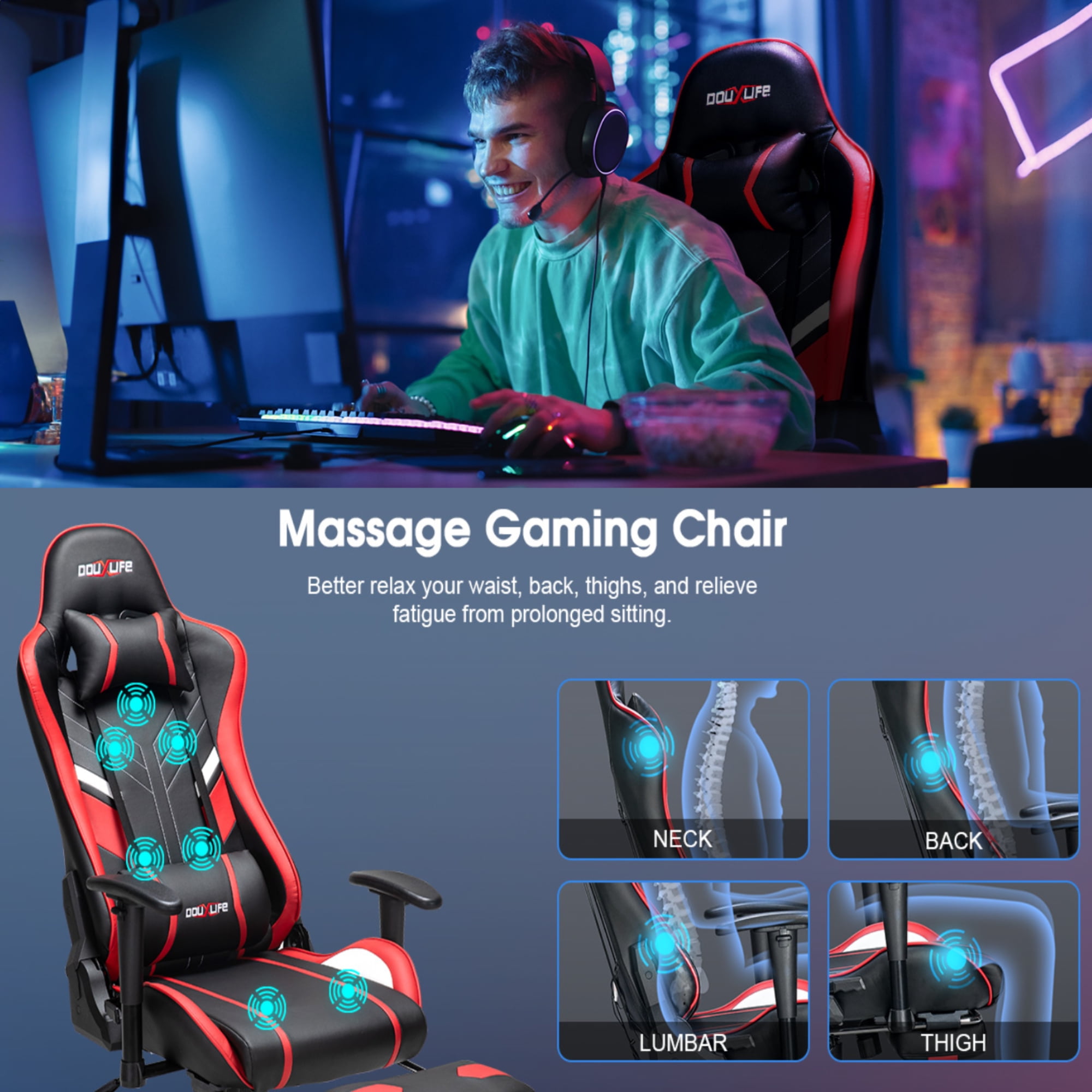 Douxlife 7-Point Massage Gaming Chair with Footrest, 175° Reclining, Ergonomic Racing High Back Home Office Computer Chair, Video Game Chair for Adults Kids