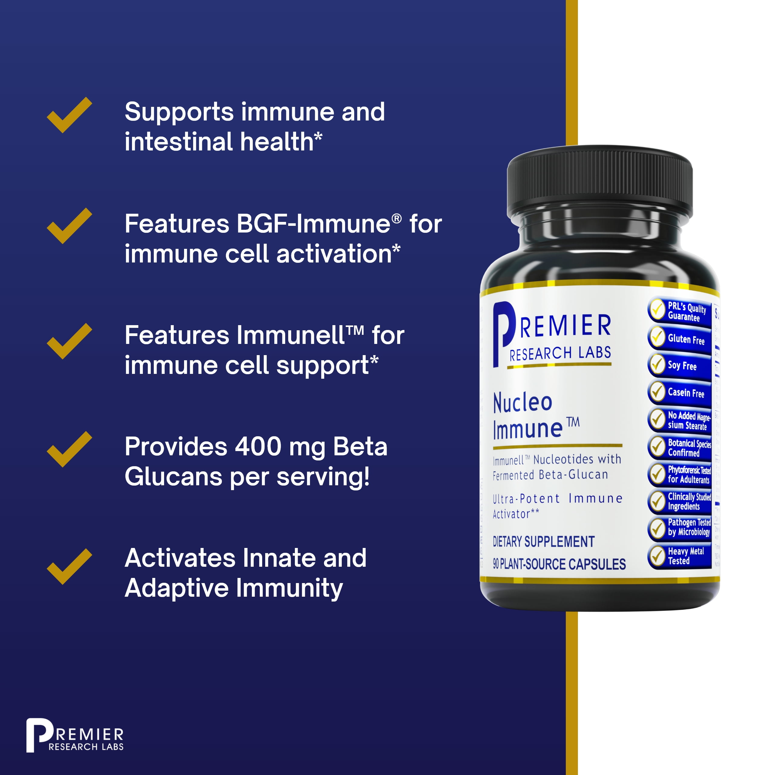 Premier Research Labs Nucleo Immune - Fermented Beta Glucan Supplement - Immune Support - With Turmeric, Prickly Pear & Lemon Peel - Phytochemical Profile - 90 Plant-Source Capsules